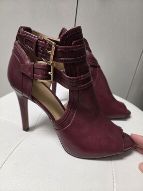 Michael Kors Burgundy Peep-Toe Strappy High Heel Bootie with Gold Buckles